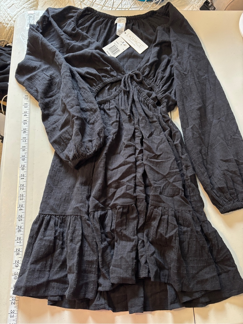 L Space Mini Dress Size Small Black Feelin Fine Gauge Tier Peasant Sleeve Soft - Picture 6 of 8
